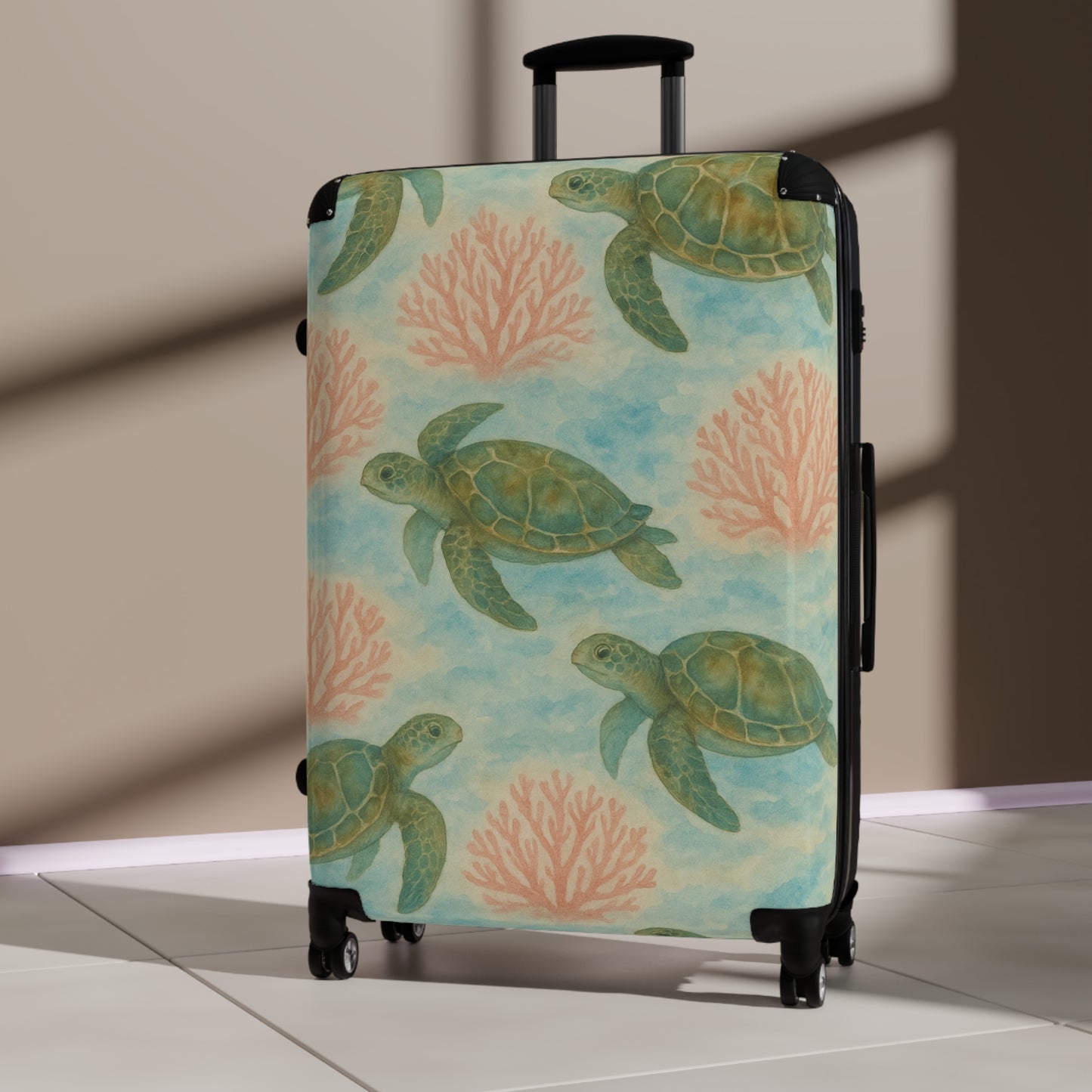 Rolling Suitcase- Watercolor Sea Turtle and Sea Fan Print for Ocean Lovers