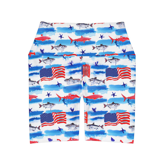 "USA Sharks" High Waisted Yoga Shorts (AOP)