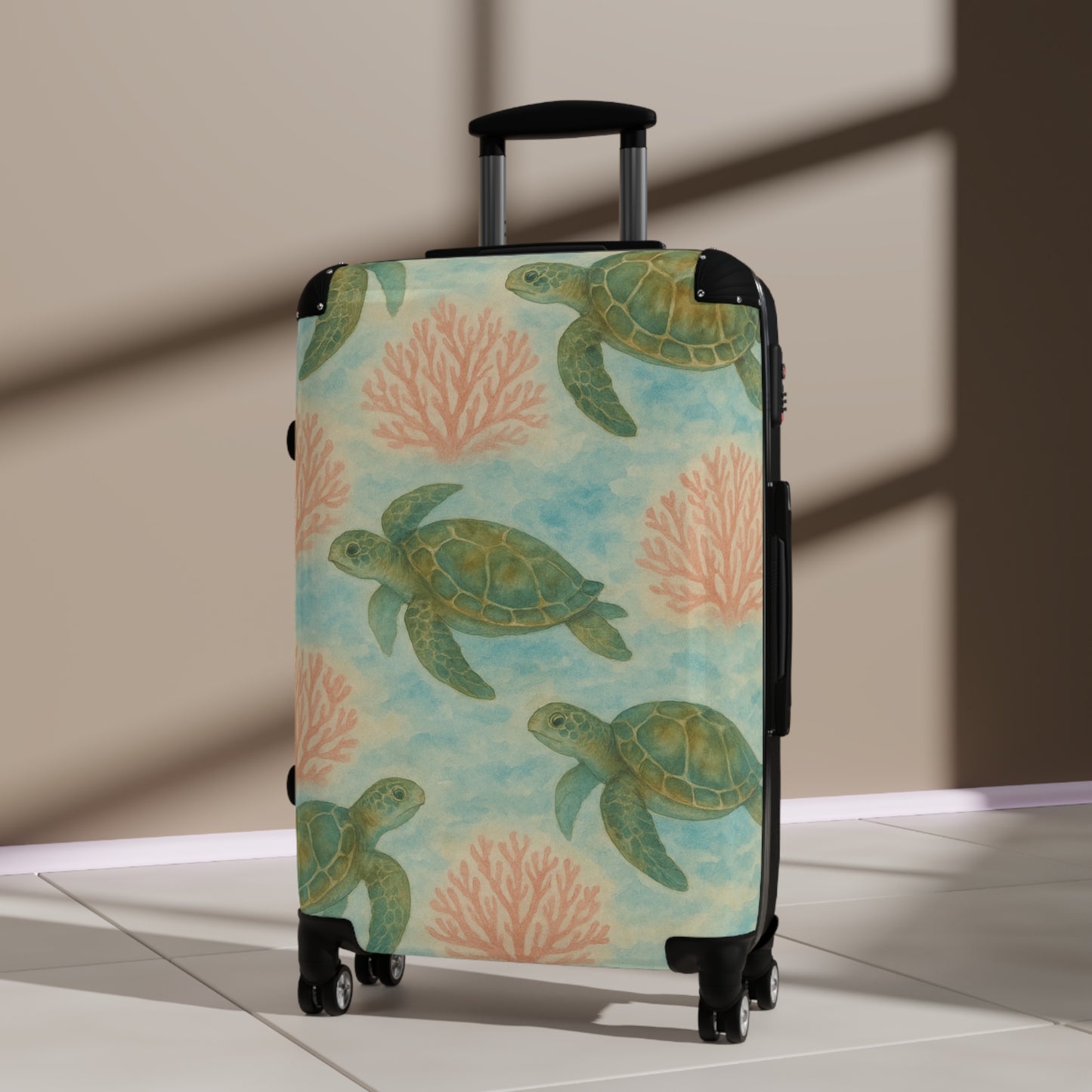 Rolling Suitcase- Watercolor Sea Turtle and Sea Fan Print for Ocean Lovers