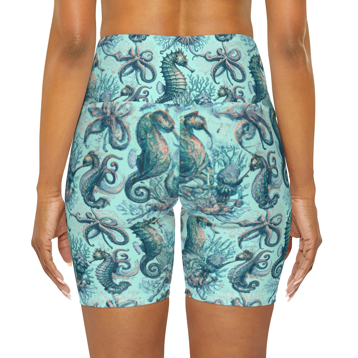 "Seahorse Queen" High Waisted Yoga Shorts (AOP)