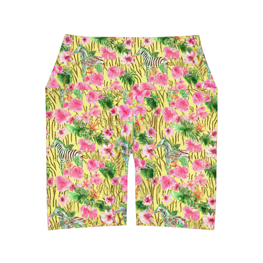 "Yellow Zebras" High Waisted Yoga Shorts (AOP)