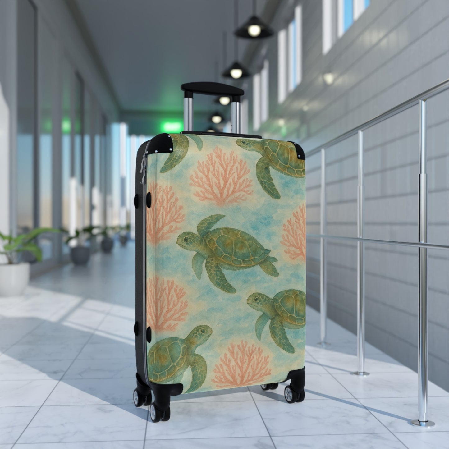 Rolling Suitcase- Watercolor Sea Turtle and Sea Fan Print for Ocean Lovers