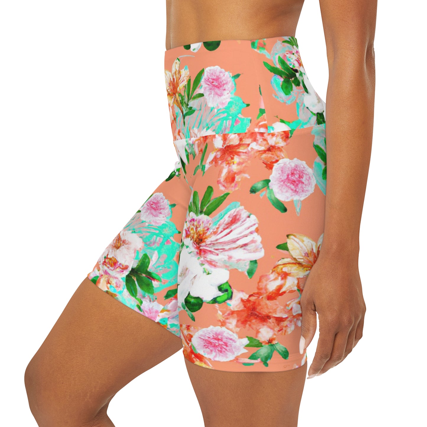 "Orangey Flowers" High Waisted Yoga Shorts (AOP)