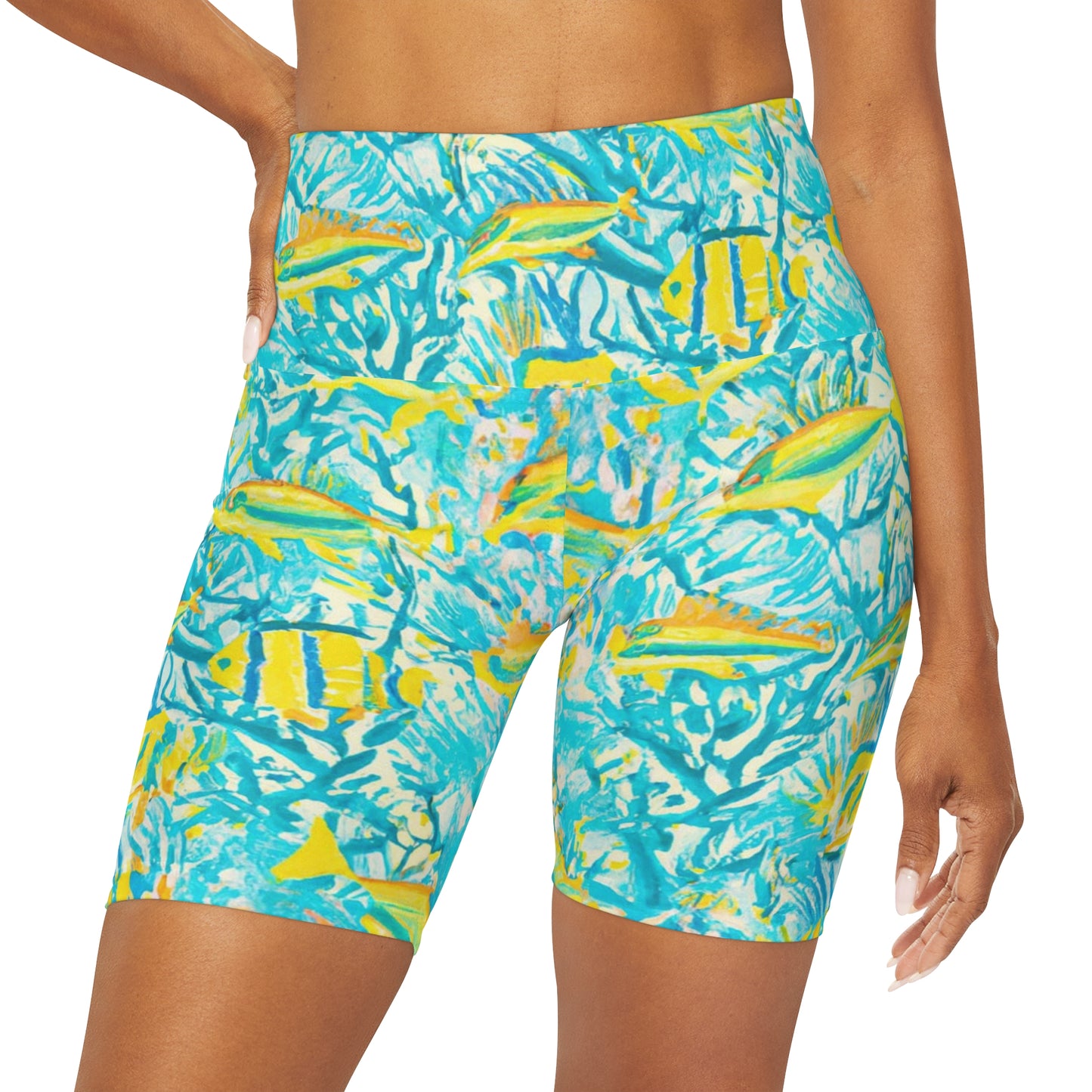 "Mini Aquarium" High Waisted Yoga Shorts (AOP)