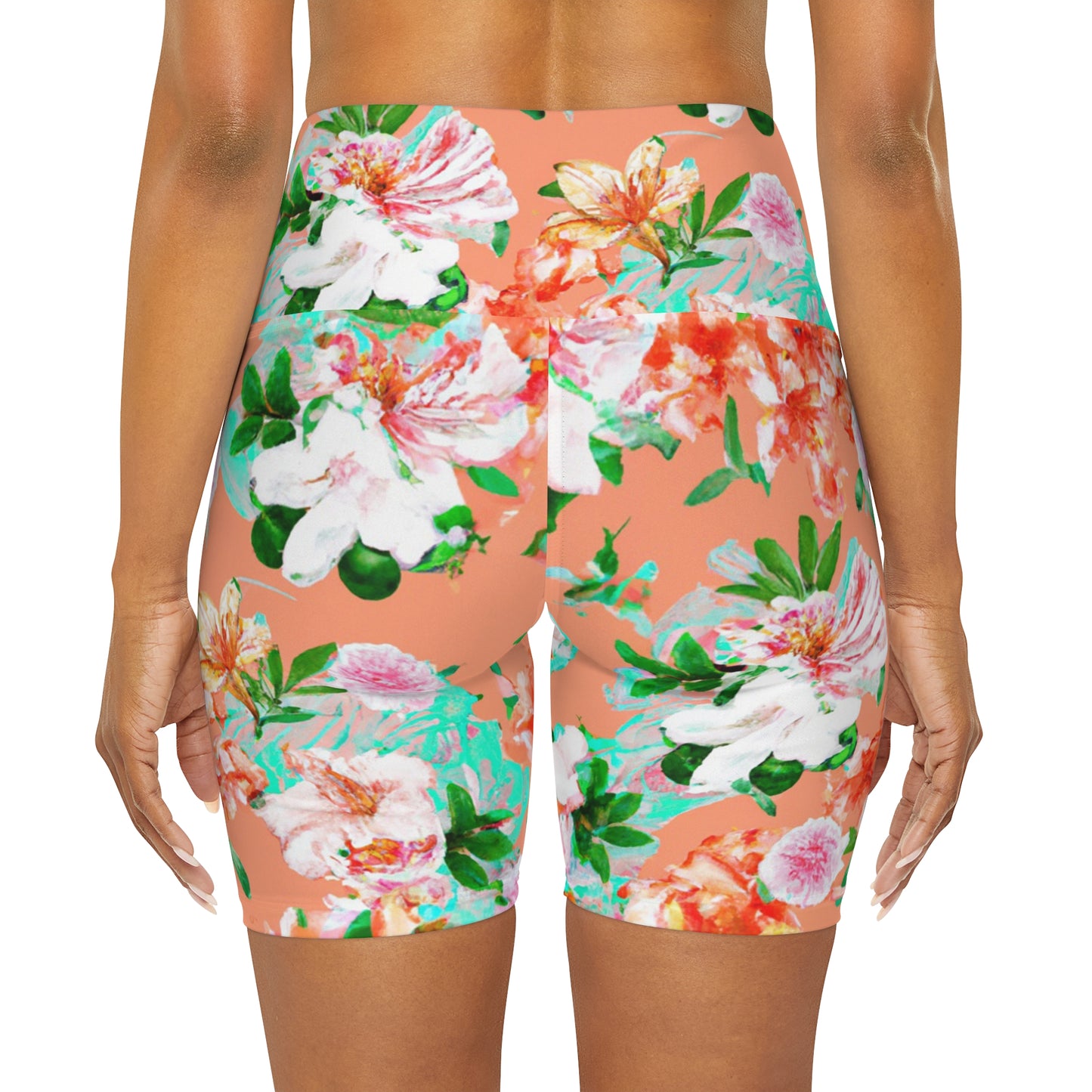"Orangey Flowers" High Waisted Yoga Shorts (AOP)