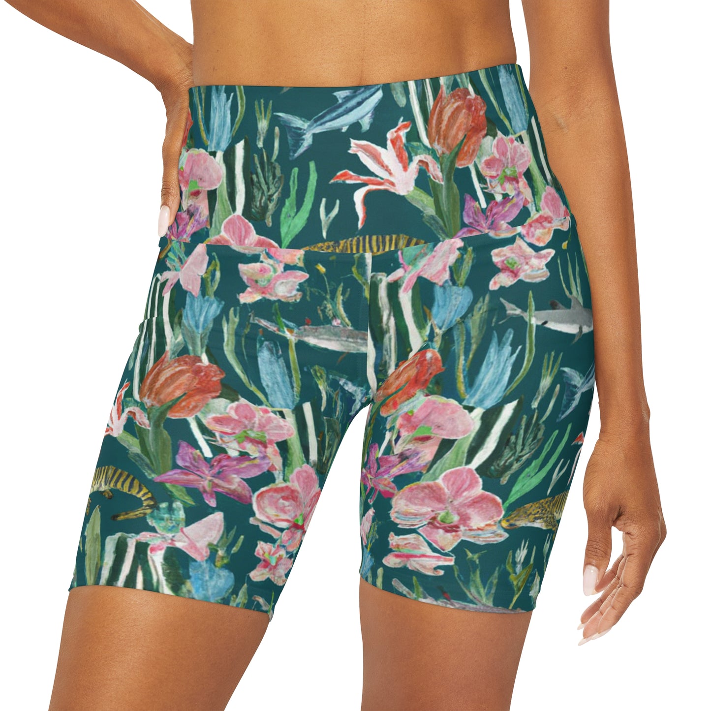 "Real Tiger Sharks" High Waisted Yoga Shorts (AOP)