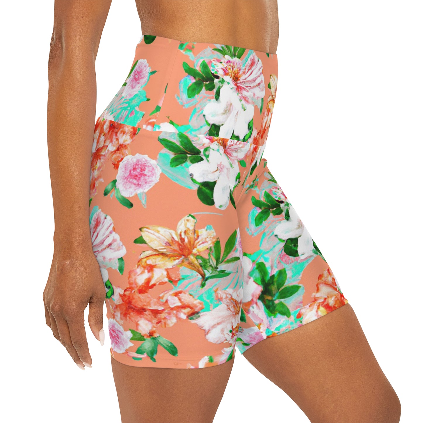 "Orangey Flowers" High Waisted Yoga Shorts (AOP)