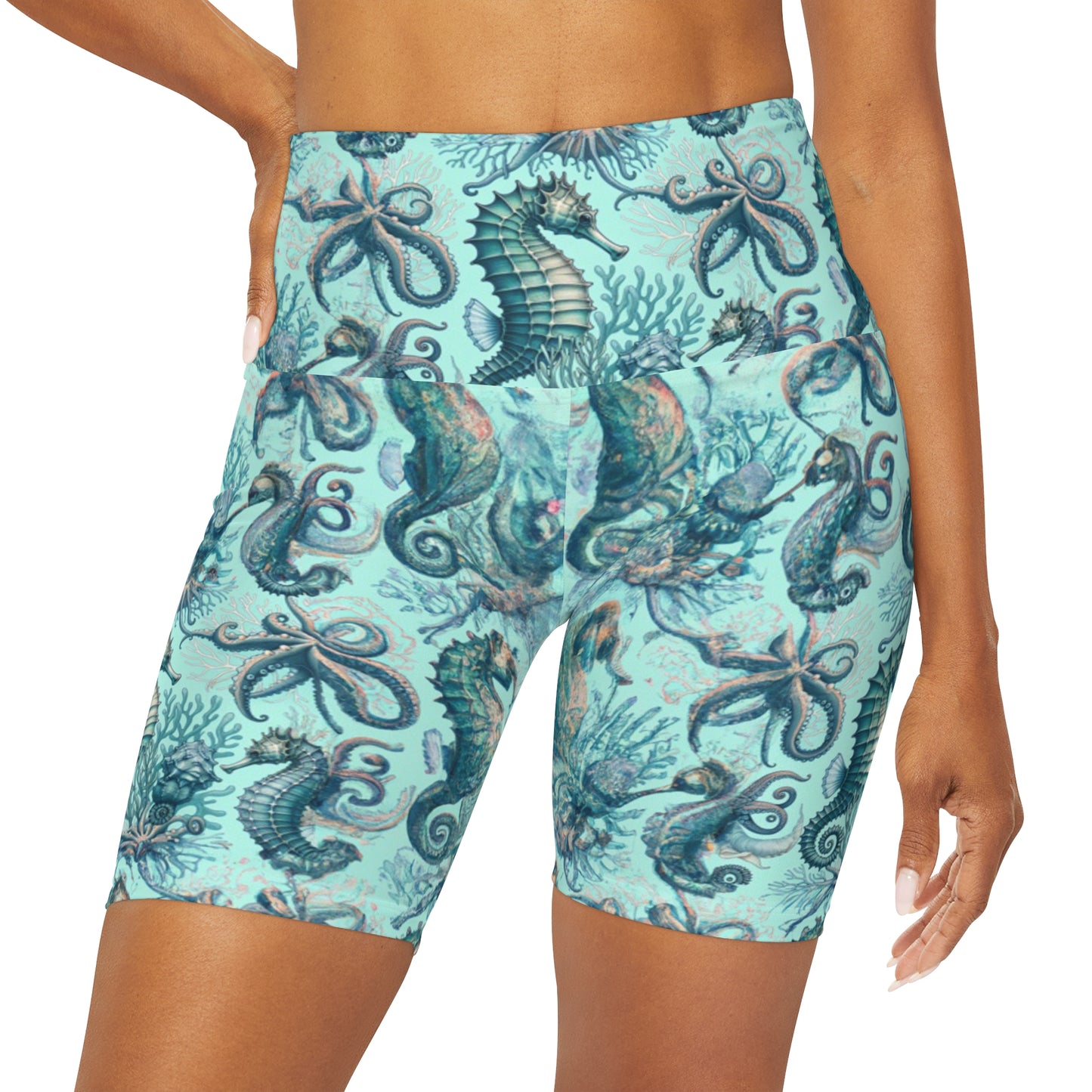 "Seahorse Queen" High Waisted Yoga Shorts (AOP)