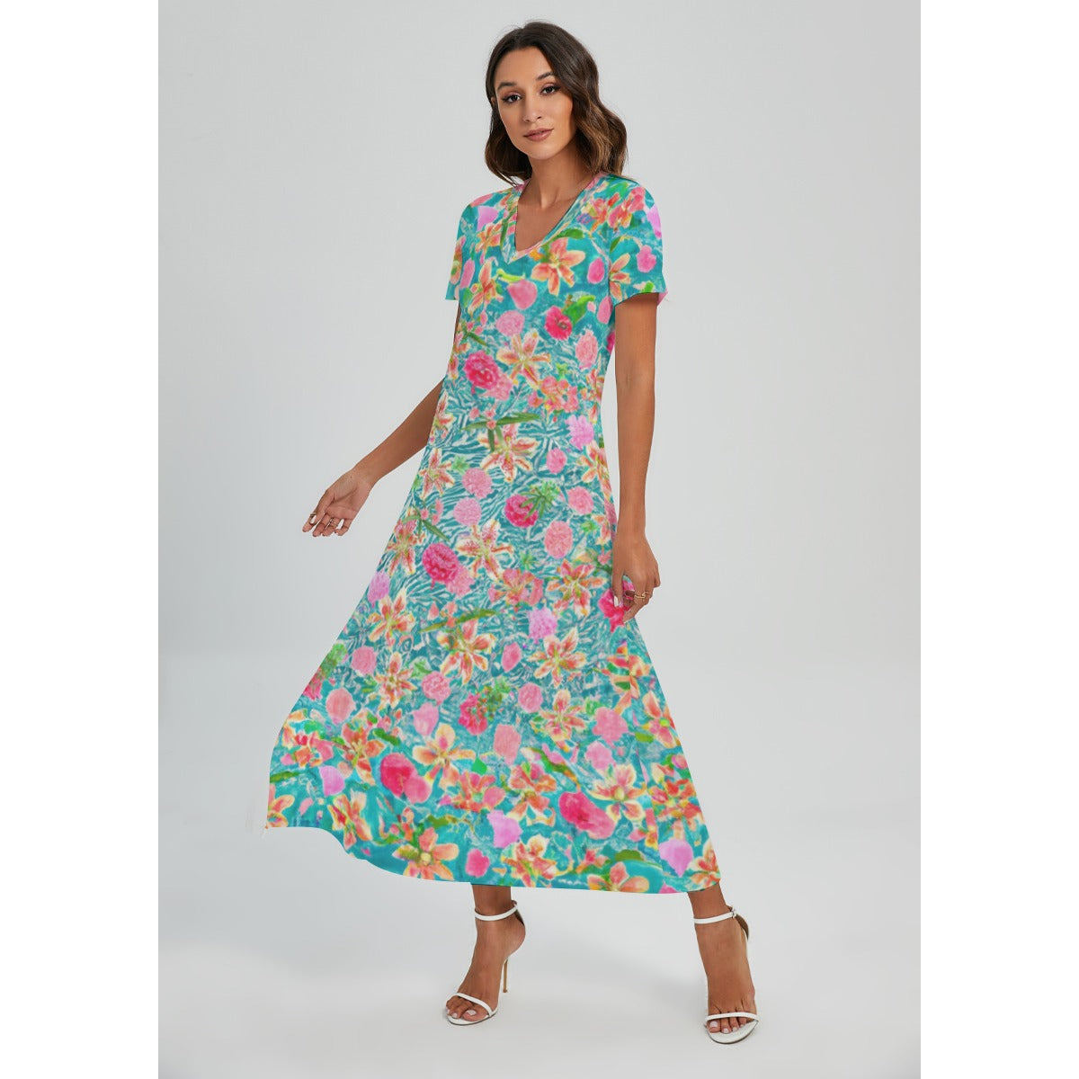 Trippy Flowers - All-Over Print Women's V-neck Dress With Side Slit