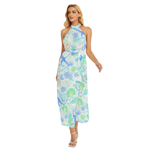 Bluey Greeney Shells - All-Over Print Women's Wrap Hem Belted Halter Dress