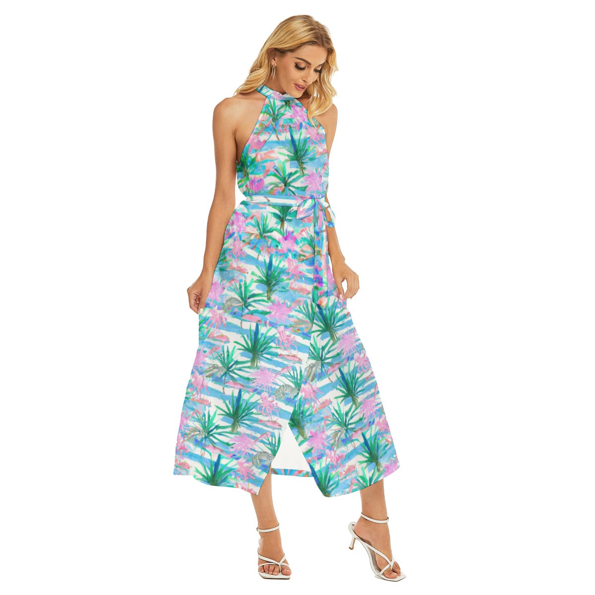 "Seafan Confetti" All-Over Print Women's Wrap Hem Belted Halter Dress