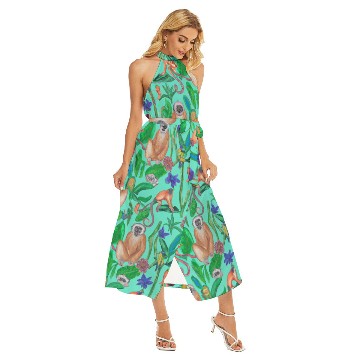 Turquoise Jungle - All-Over Print Women's Wrap Hem Belted Halter Dress