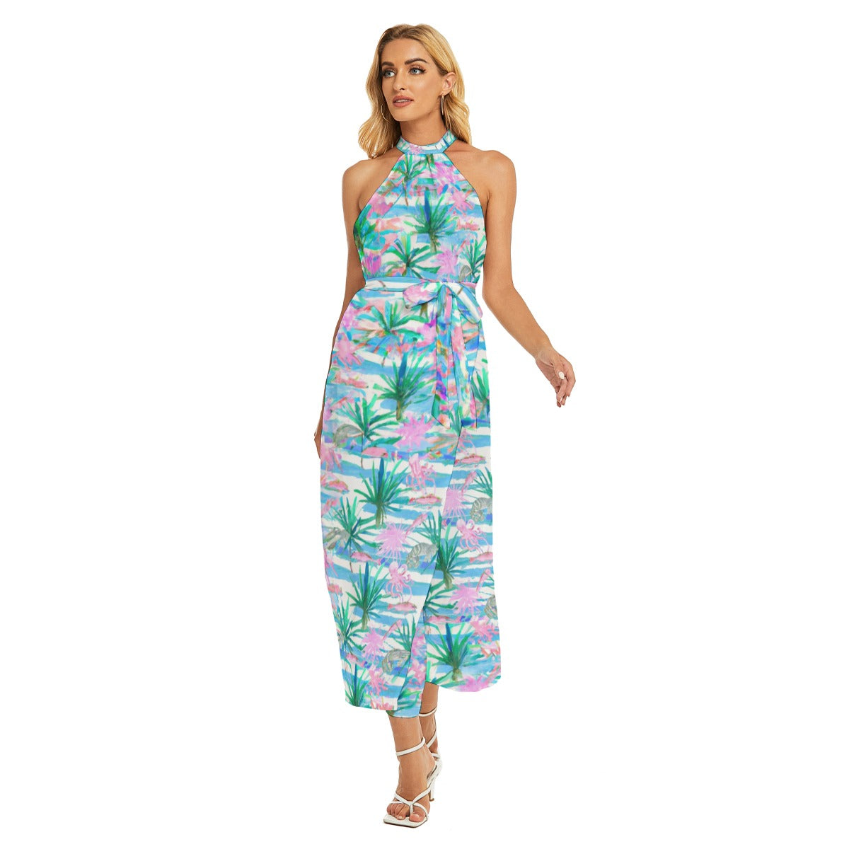 "Seafan Confetti" All-Over Print Women's Wrap Hem Belted Halter Dress