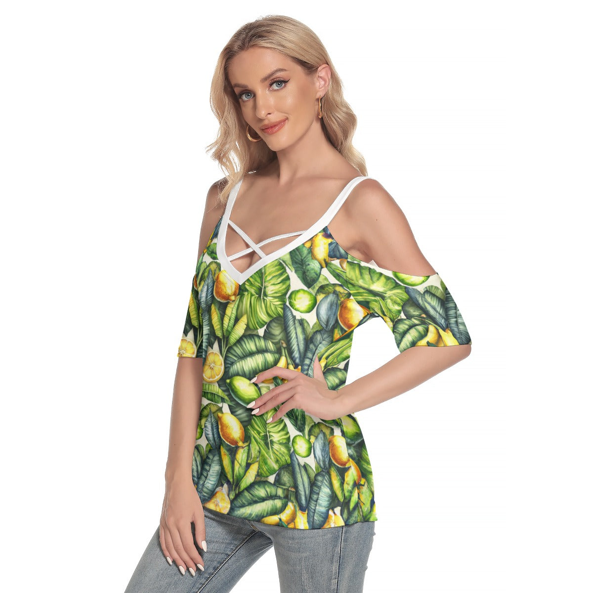 Lemon Leaves - All-Over Print Women's Cold Shoulder T-shirt With Criss Cross Strips