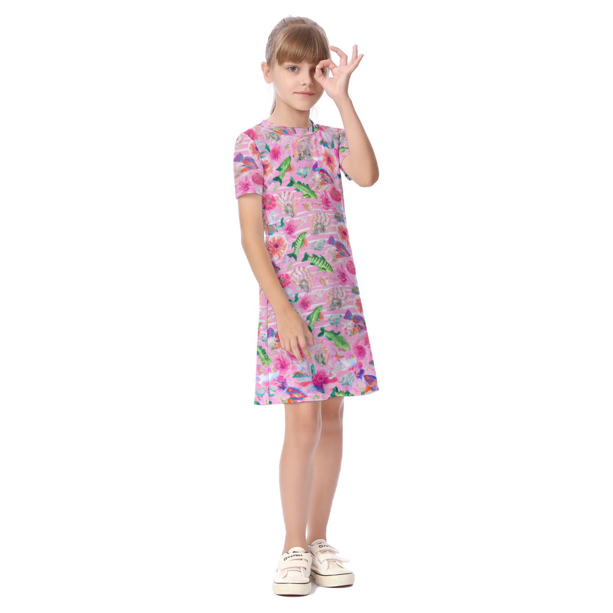 "Pink Florida Keys" All-Over Print Kid's Short Sleeve Dress