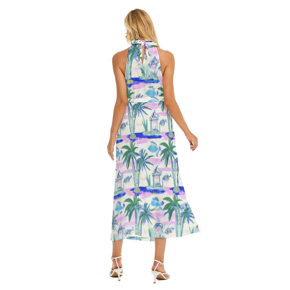 "Key West" All-Over Print Women's Wrap Hem Belted Halter Dress