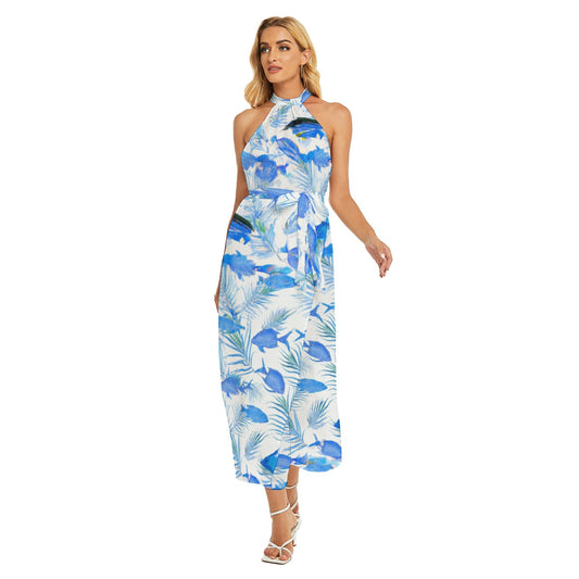 Blue Fish Tank - All-Over Print Women's Wrap Hem Belted Halter Dress