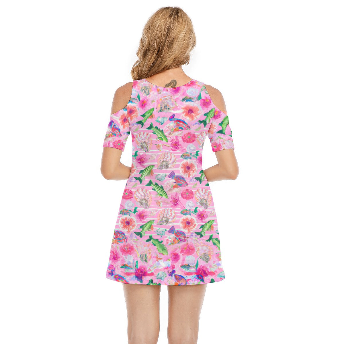 "Pink Florida Keys" All-Over Print Women's Cold Shoulder Dress | 190GSM Cotton