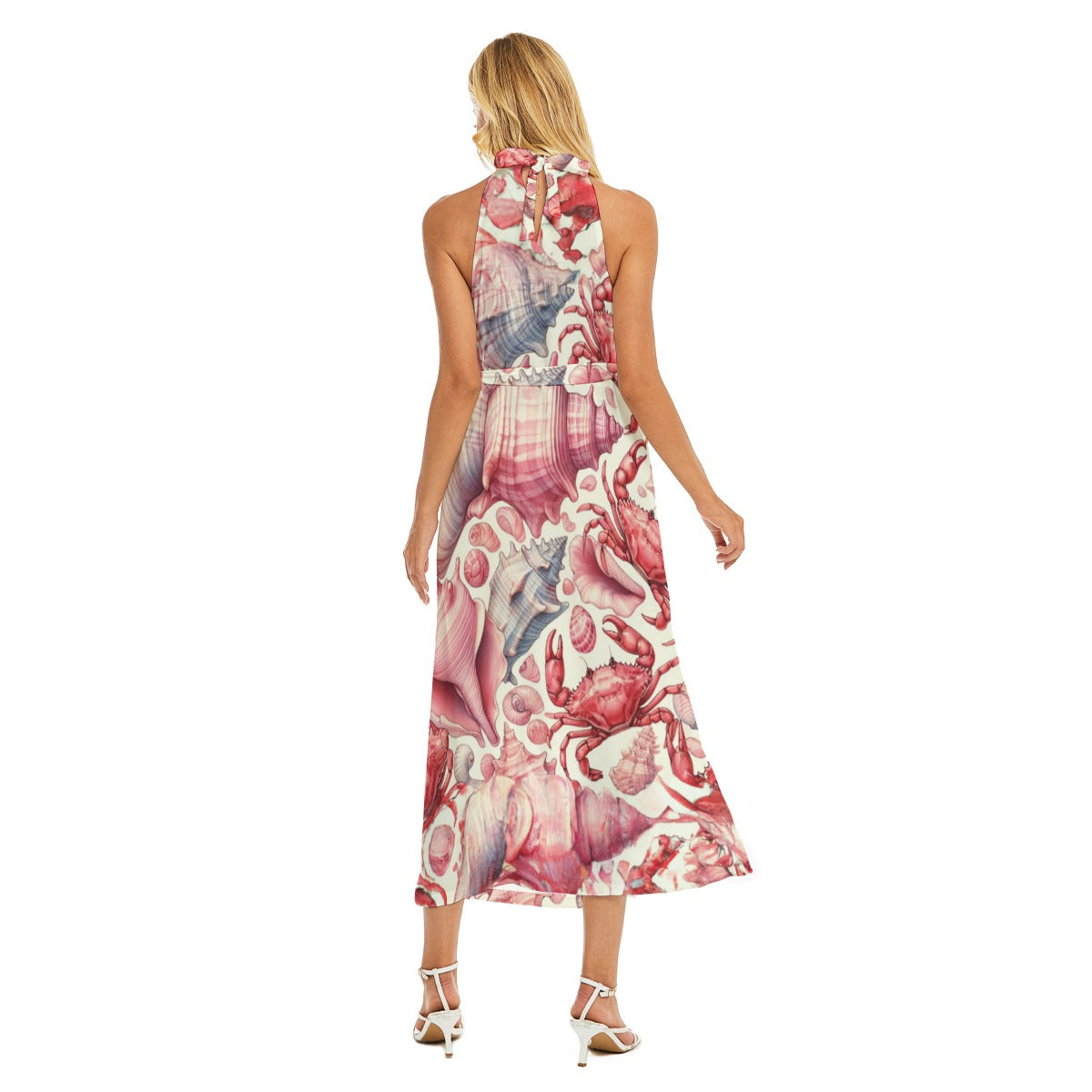 Crabby Conchs - All-Over Print Women's Wrap Hem Belted Halter Dress