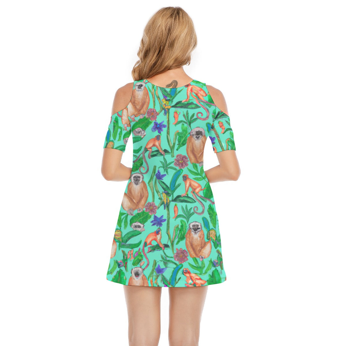 "Turquoise Jungle" All-Over Print Women's Cold Shoulder Dress | 190GSM Cotton
