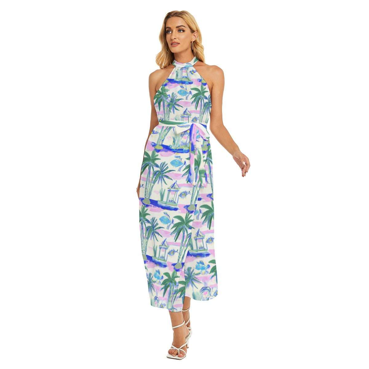 "Key West" All-Over Print Women's Wrap Hem Belted Halter Dress