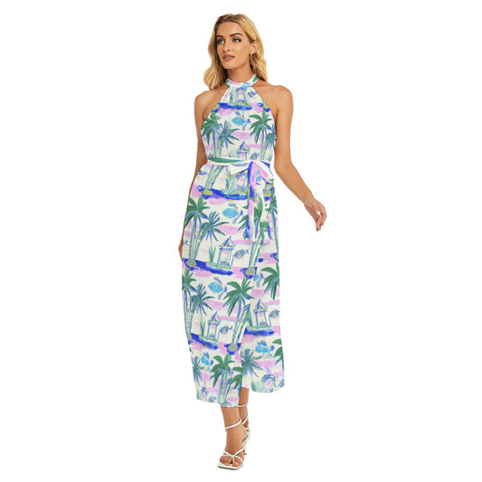 "Key West" All-Over Print Women's Wrap Hem Belted Halter Dress