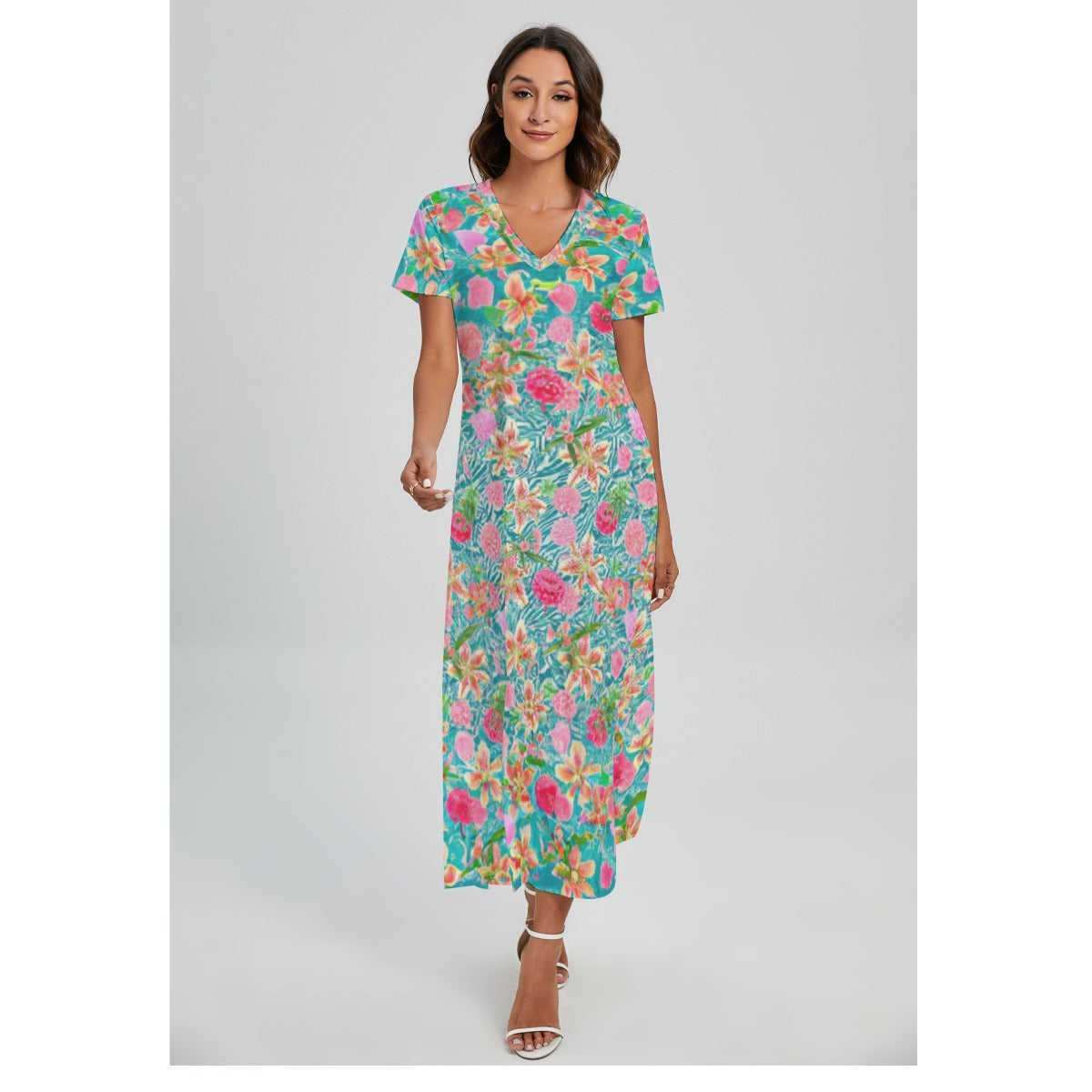 Trippy Flowers - All-Over Print Women's V-neck Dress With Side Slit