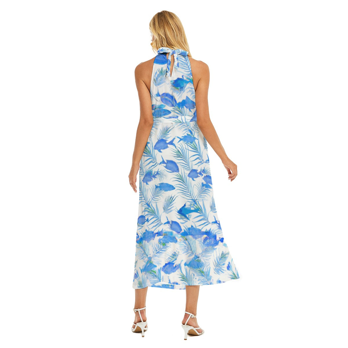 Blue Fish Tank - All-Over Print Women's Wrap Hem Belted Halter Dress