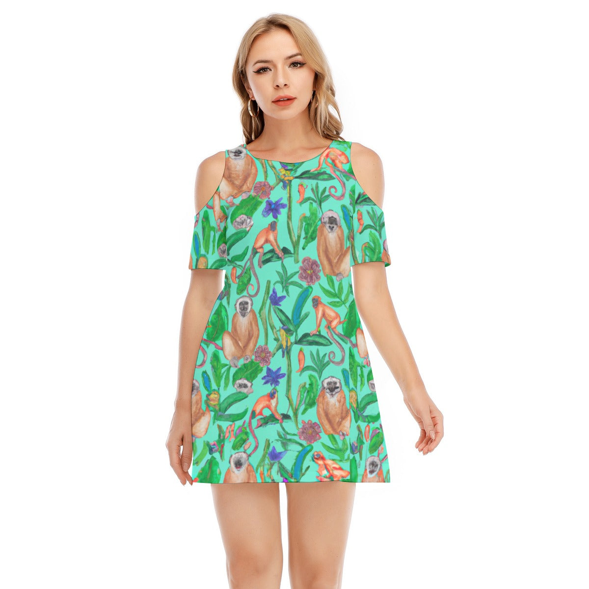 "Turquoise Jungle" All-Over Print Women's Cold Shoulder Dress | 190GSM Cotton