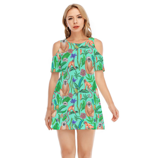 "Turquoise Jungle" All-Over Print Women's Cold Shoulder Dress | 190GSM Cotton