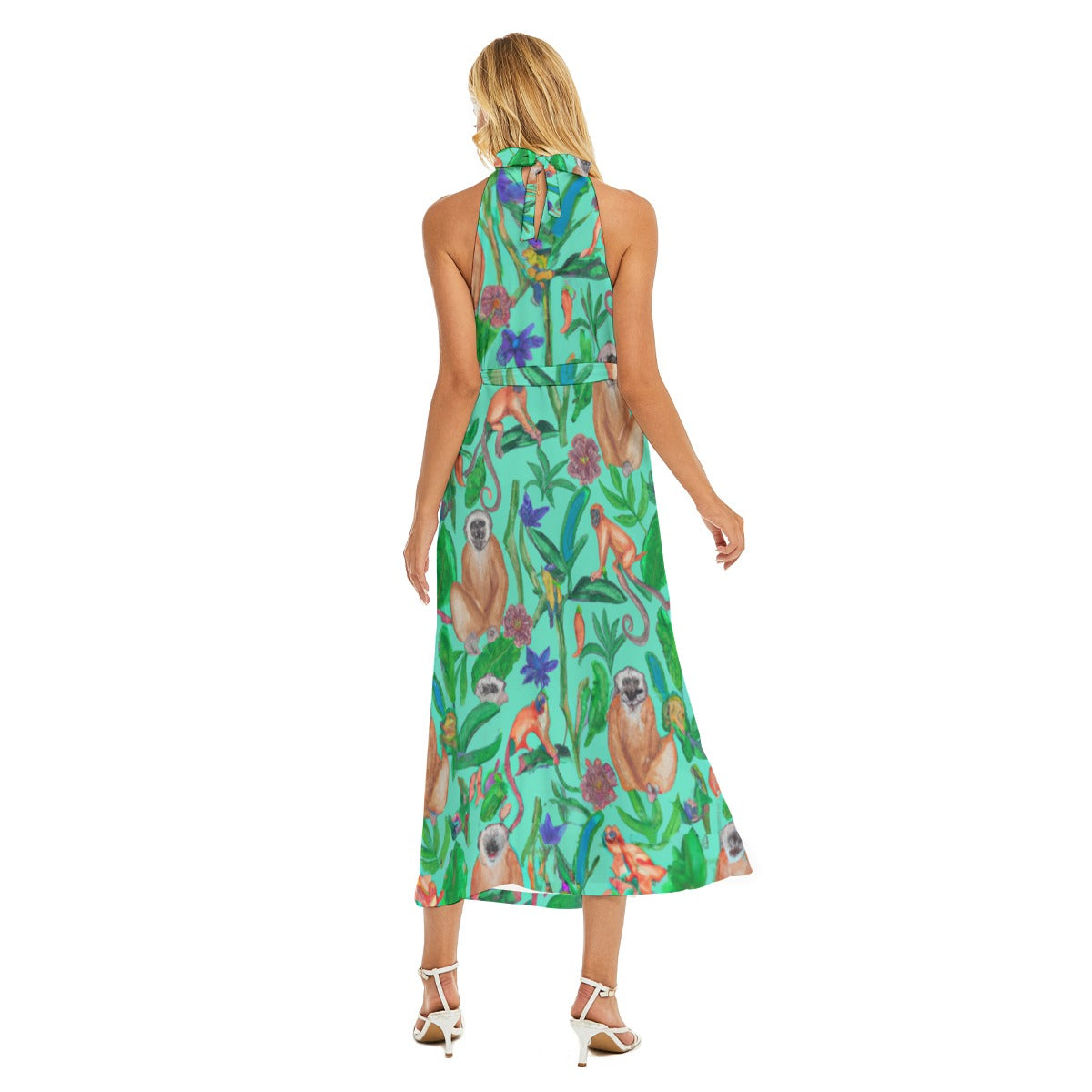 Turquoise Jungle - All-Over Print Women's Wrap Hem Belted Halter Dress