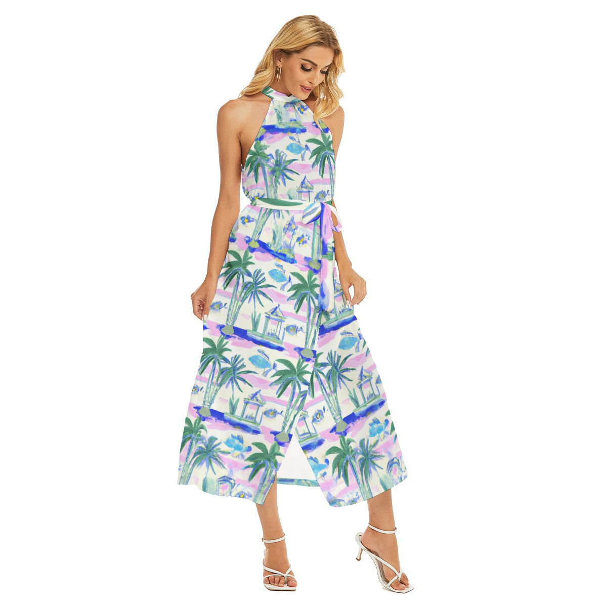 "Key West" All-Over Print Women's Wrap Hem Belted Halter Dress