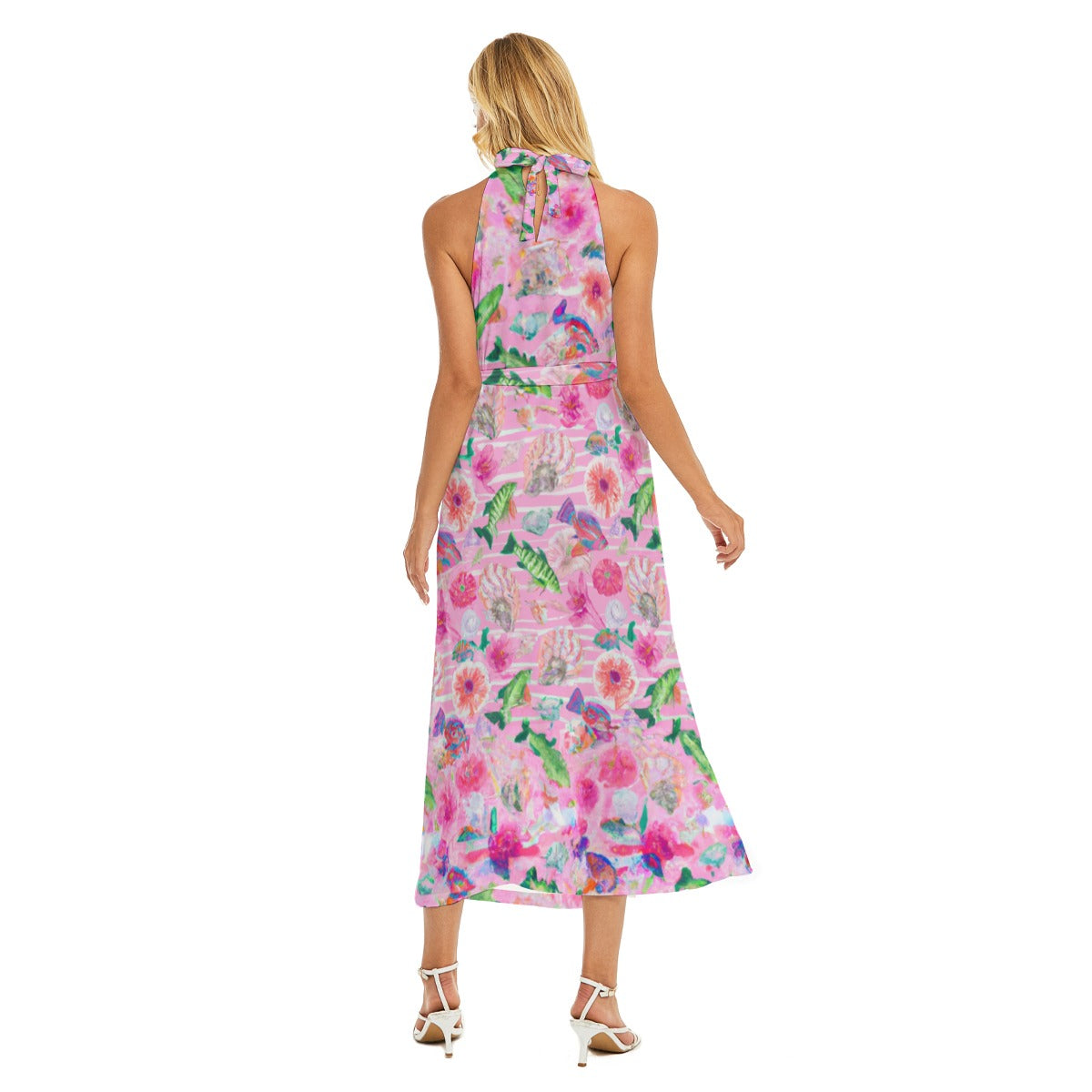 Pink Florida Keys - All-Over Print Women's Wrap Hem Belted Halter Dress