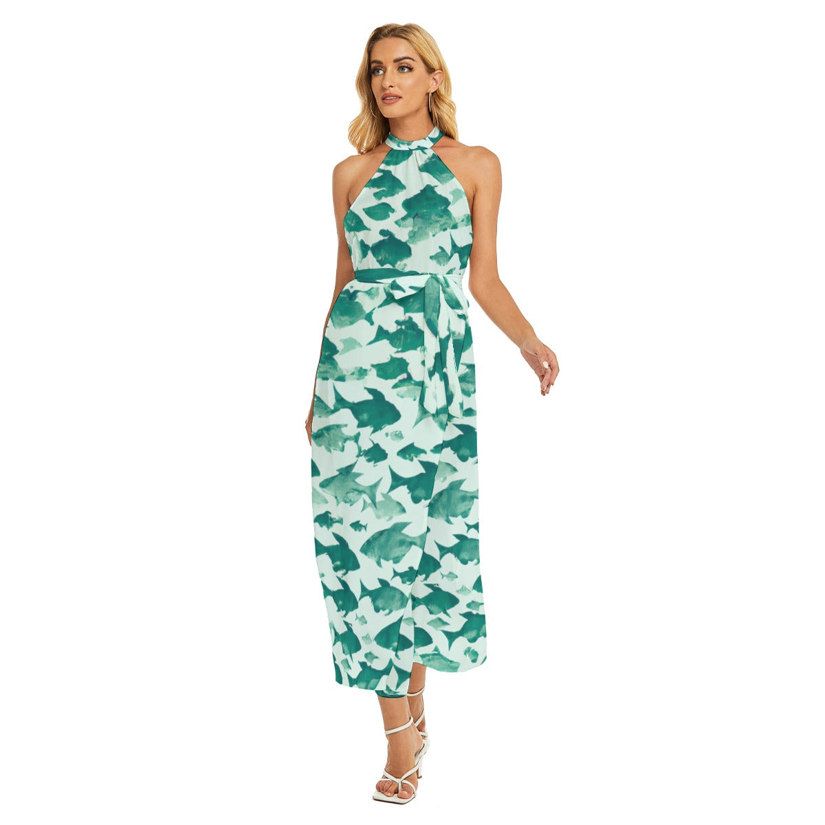 Snappy Snapper Silhouettes - All-Over Print Women's Wrap Hem Belted Halter Dress