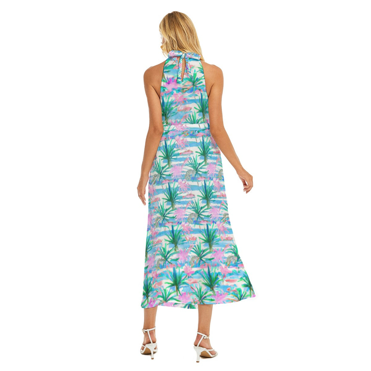 "Seafan Confetti" All-Over Print Women's Wrap Hem Belted Halter Dress
