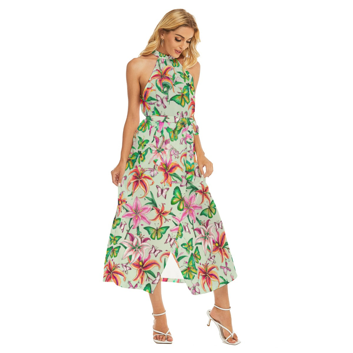 "Stargazer Lillies" All-Over Print Women's Wrap Hem Belted Halter Dress