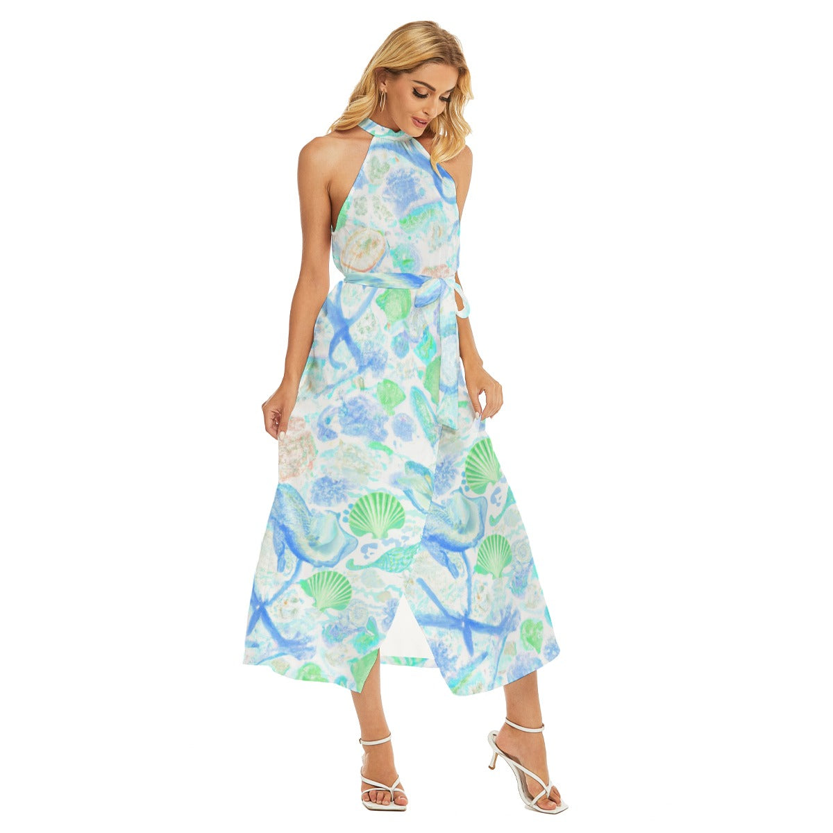 Bluey Greeney Shells - All-Over Print Women's Wrap Hem Belted Halter Dress