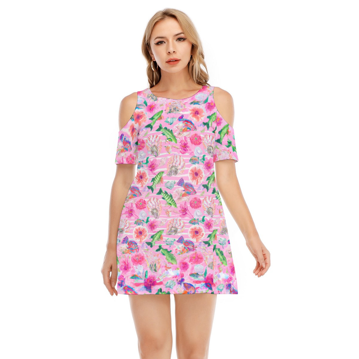 "Pink Florida Keys" All-Over Print Women's Cold Shoulder Dress | 190GSM Cotton