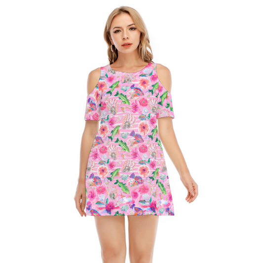 "Pink Florida Keys" All-Over Print Women's Cold Shoulder Dress | 190GSM Cotton