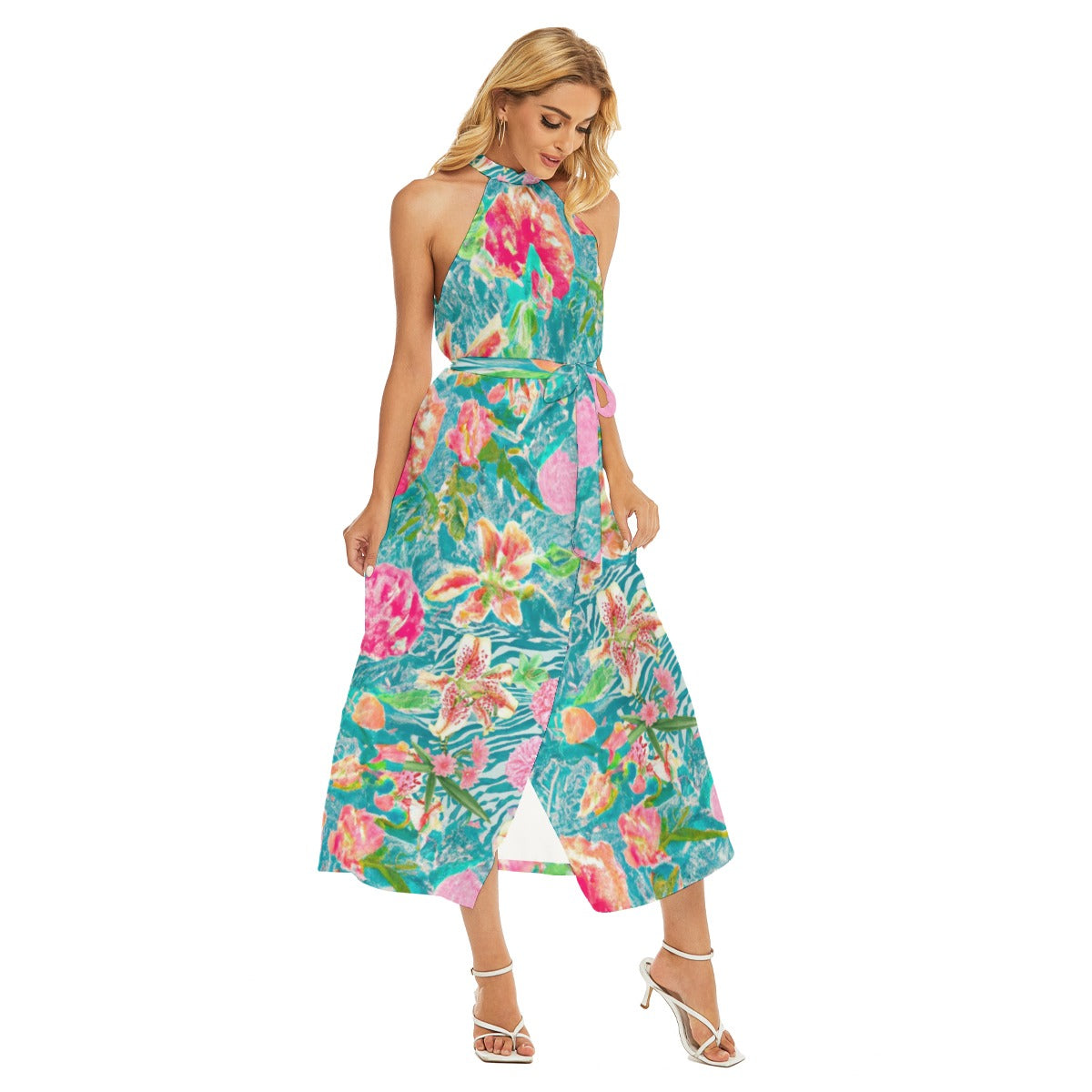 "Trippy Flowers" All-Over Print Women's Wrap Hem Belted Halter Dress