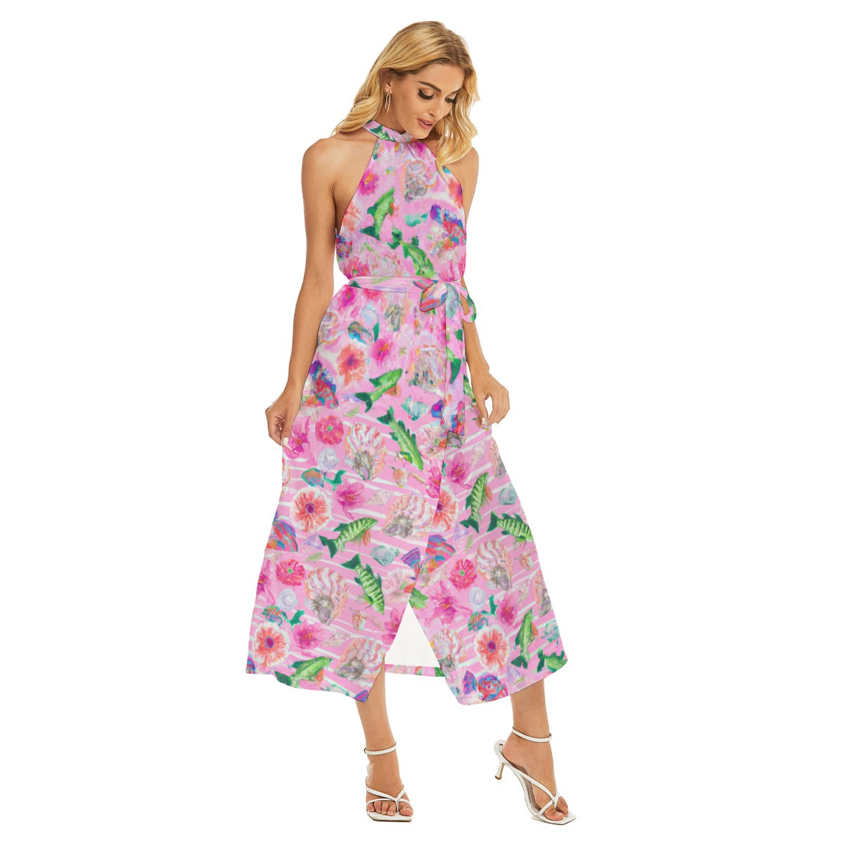 Pink Florida Keys - All-Over Print Women's Wrap Hem Belted Halter Dress