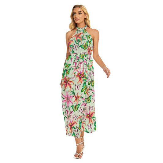 "Stargazer Lillies" All-Over Print Women's Wrap Hem Belted Halter Dress