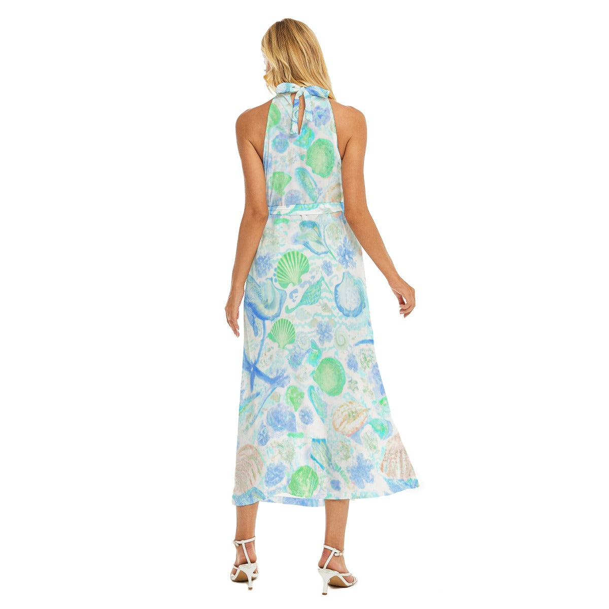 Bluey Greeney Shells - All-Over Print Women's Wrap Hem Belted Halter Dress