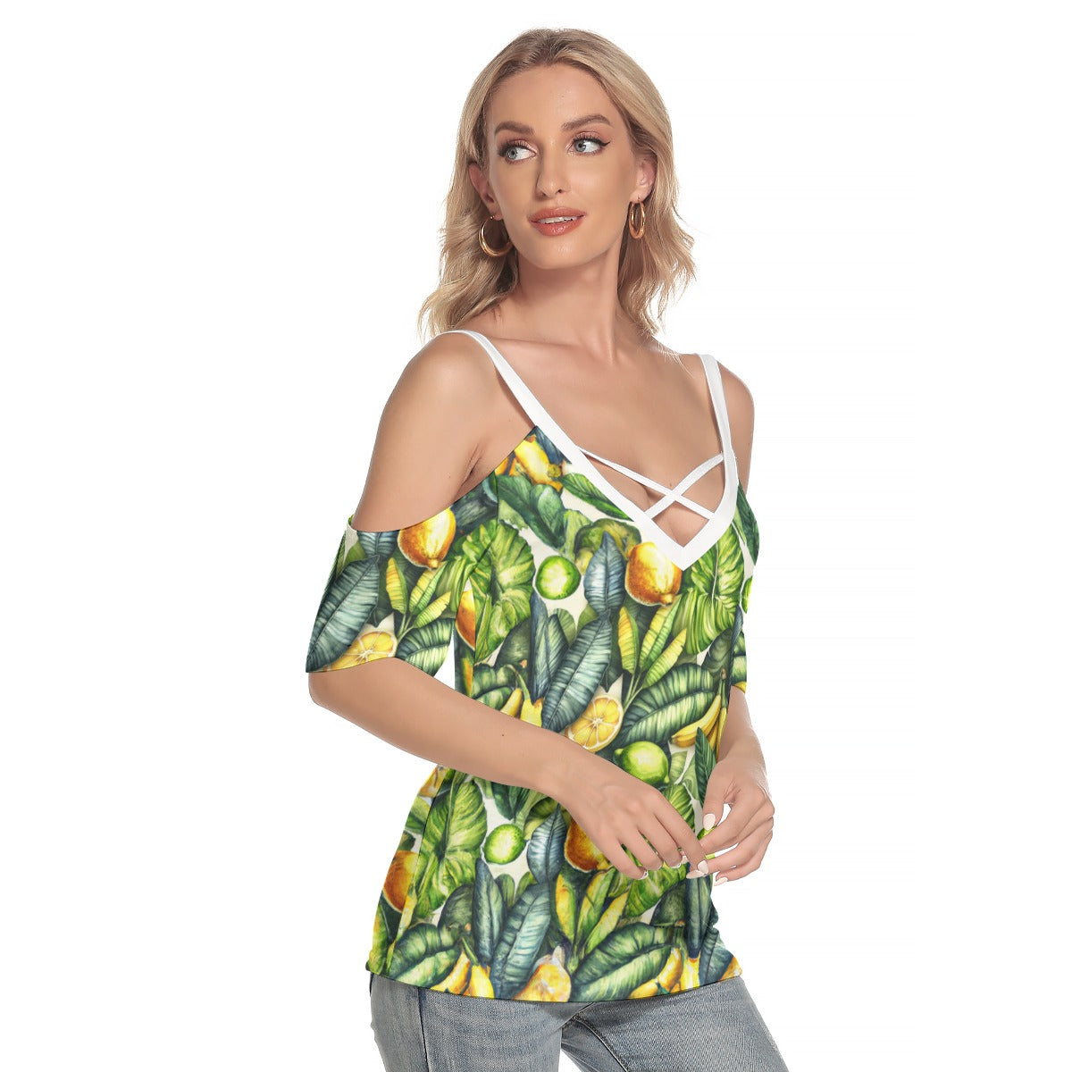 Lemon Leaves - All-Over Print Women's Cold Shoulder T-shirt With Criss Cross Strips