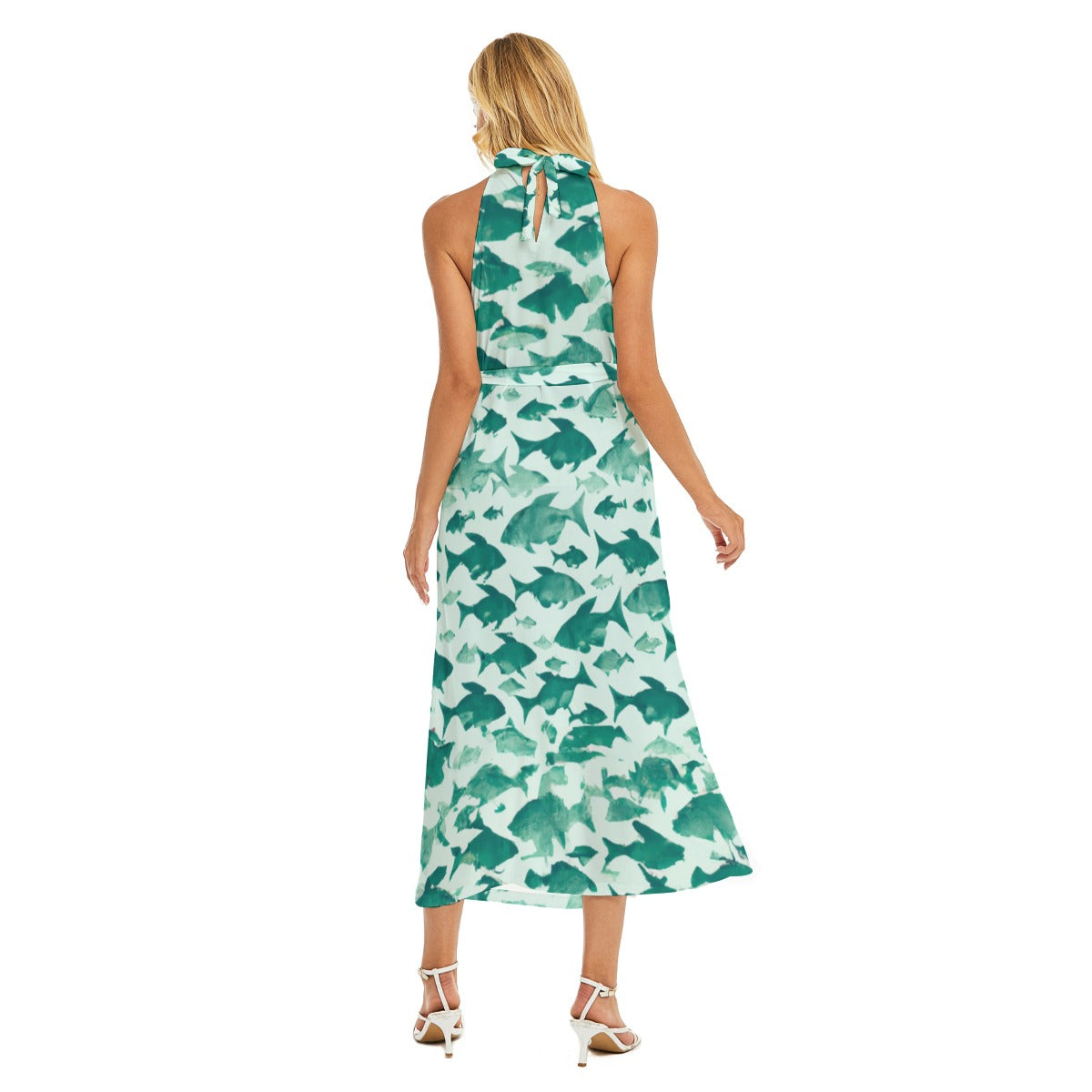 Snappy Snapper Silhouettes - All-Over Print Women's Wrap Hem Belted Halter Dress
