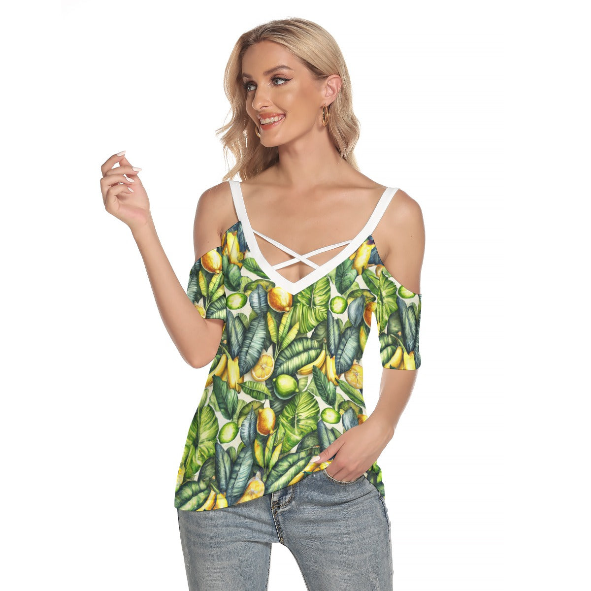 Lemon Leaves - All-Over Print Women's Cold Shoulder T-shirt With Criss Cross Strips