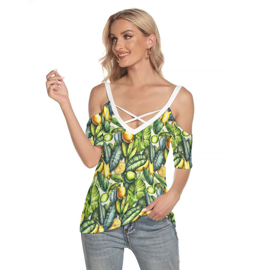 Lemon Leaves - All-Over Print Women's Cold Shoulder T-shirt With Criss Cross Strips