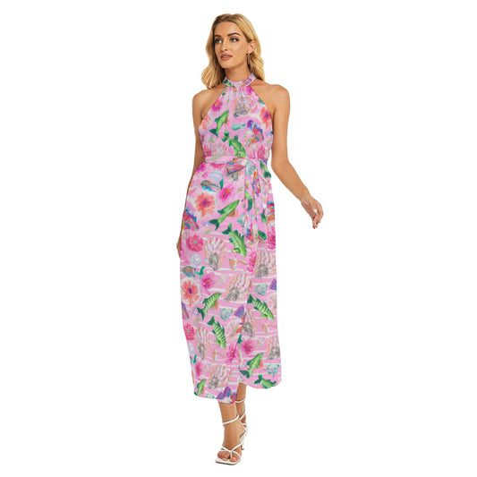 Pink Florida Keys - All-Over Print Women's Wrap Hem Belted Halter Dress