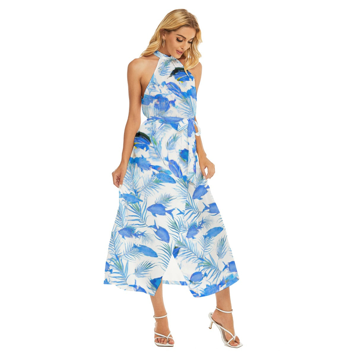 Blue Fish Tank - All-Over Print Women's Wrap Hem Belted Halter Dress