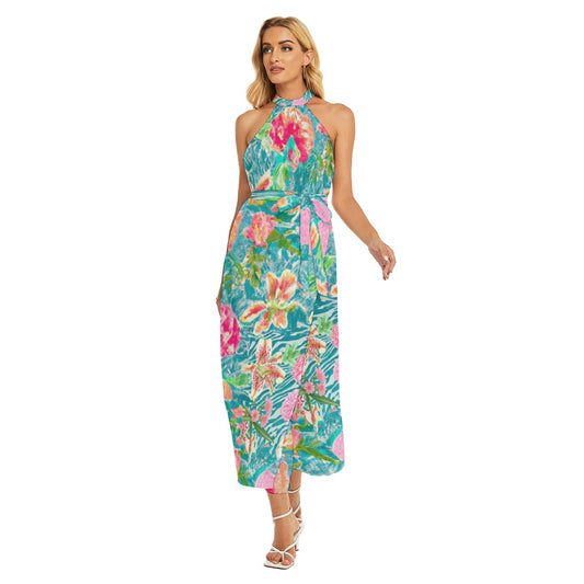 "Trippy Flowers" All-Over Print Women's Wrap Hem Belted Halter Dress
